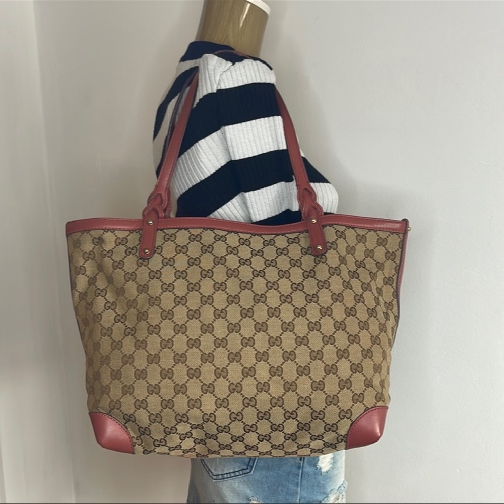 GUCCI Craft Beige/Brown Monogram Brick Red
Leather Large Tote Bag